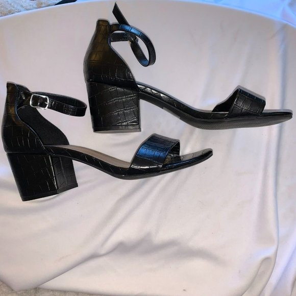 Crocodile Vegan Leather Ankle Strap Block Heels Sandals Black Size 9 George - Picture 1 of 12